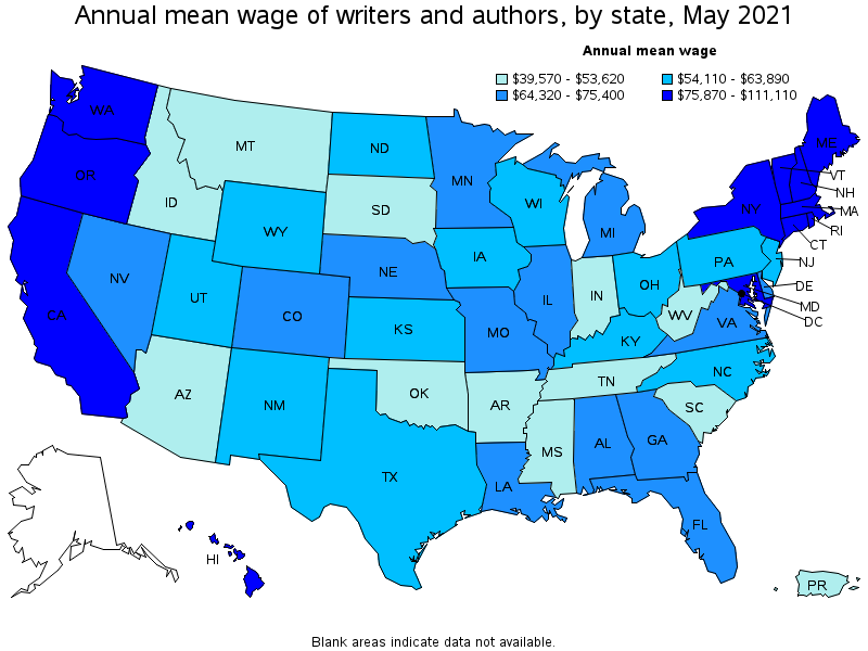 Map of annual mean wages of writers and authors by state, May 2021
