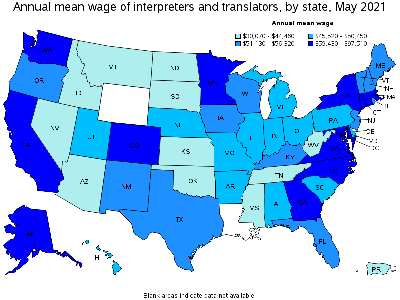 Map of annual mean wages of interpreters and translators by state, May 2021