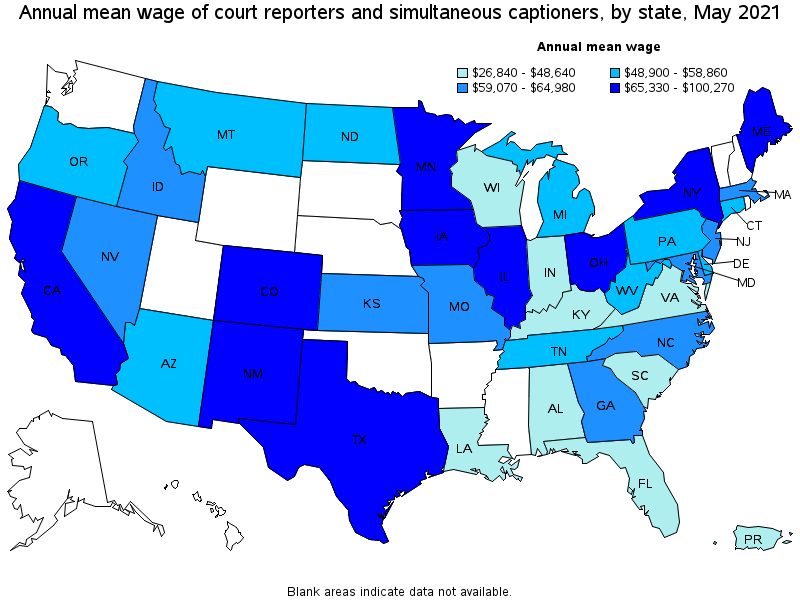 Map of annual mean wages of court reporters and simultaneous captioners by state, May 2021