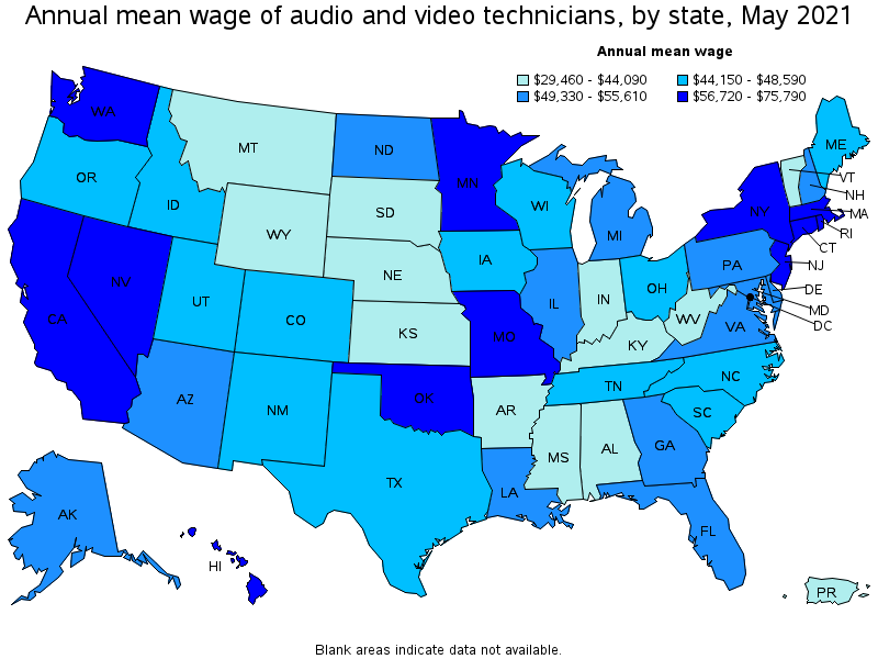 Map of annual mean wages of audio and video technicians by state, May 2021