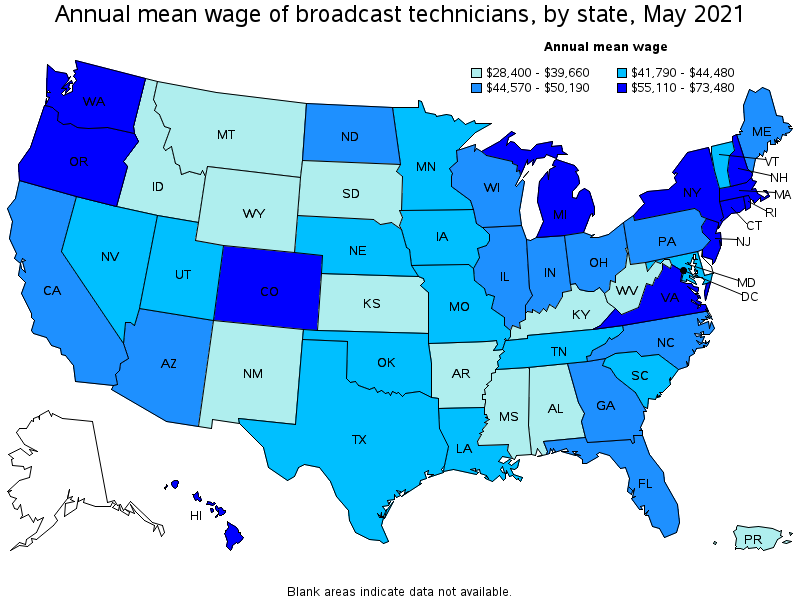 Map of annual mean wages of broadcast technicians by state, May 2021