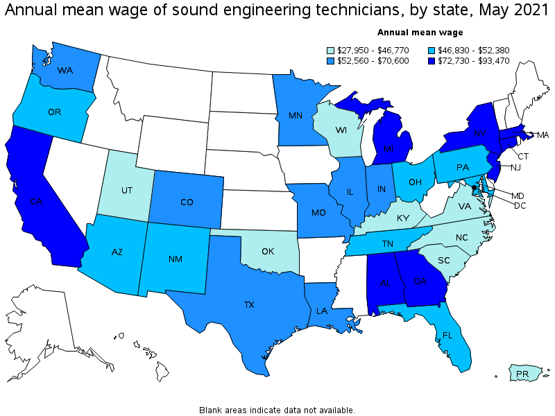 Map of annual mean wages of sound engineering technicians by state, May 2021