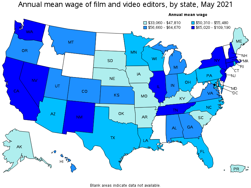 Map of annual mean wages of film and video editors by state, May 2021