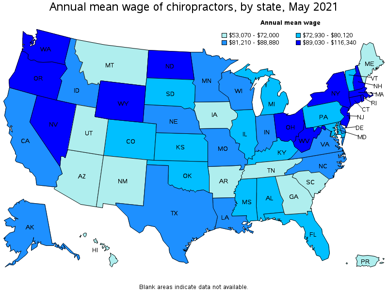 Map of annual mean wages of chiropractors by state, May 2021