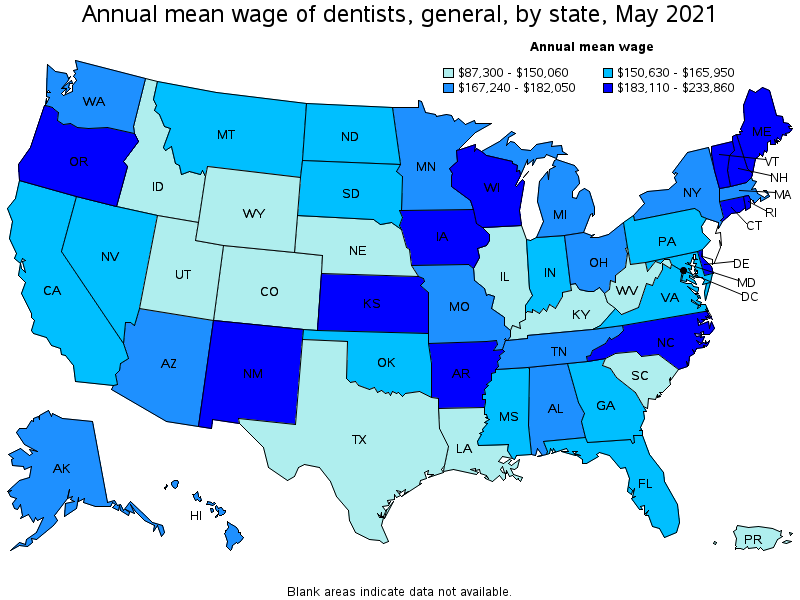 Map of annual mean wages of dentists, general by state, May 2021