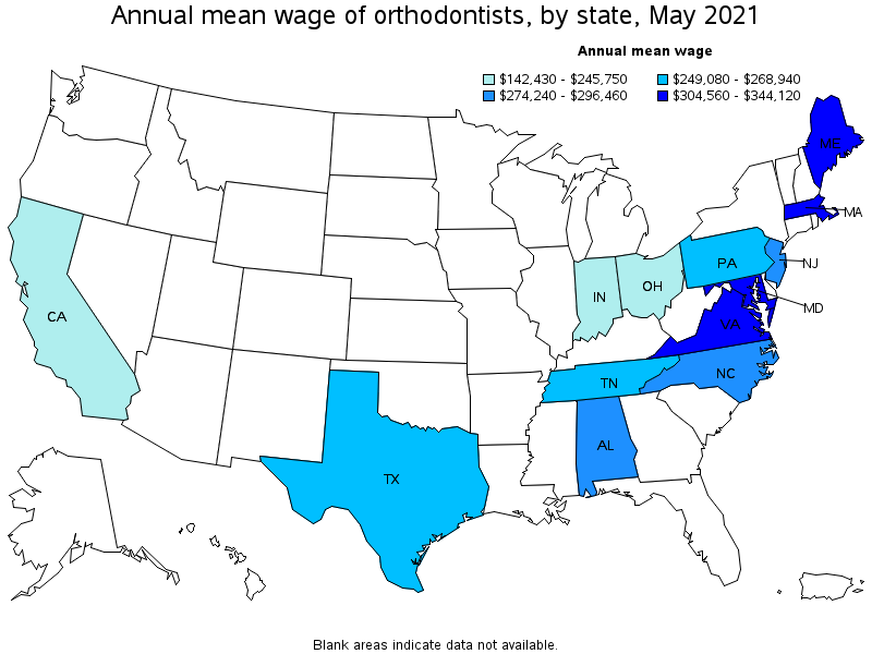 Map of annual mean wages of orthodontists by state, May 2021