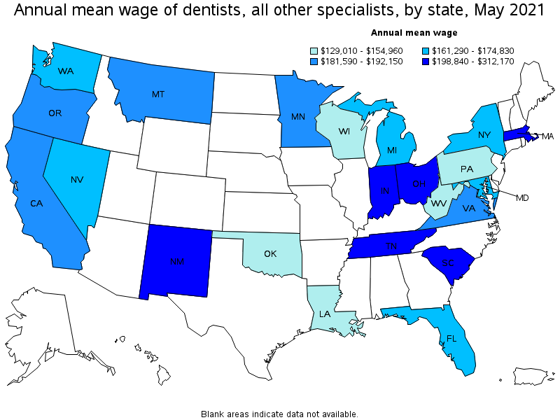 Map of annual mean wages of dentists, all other specialists by state, May 2021