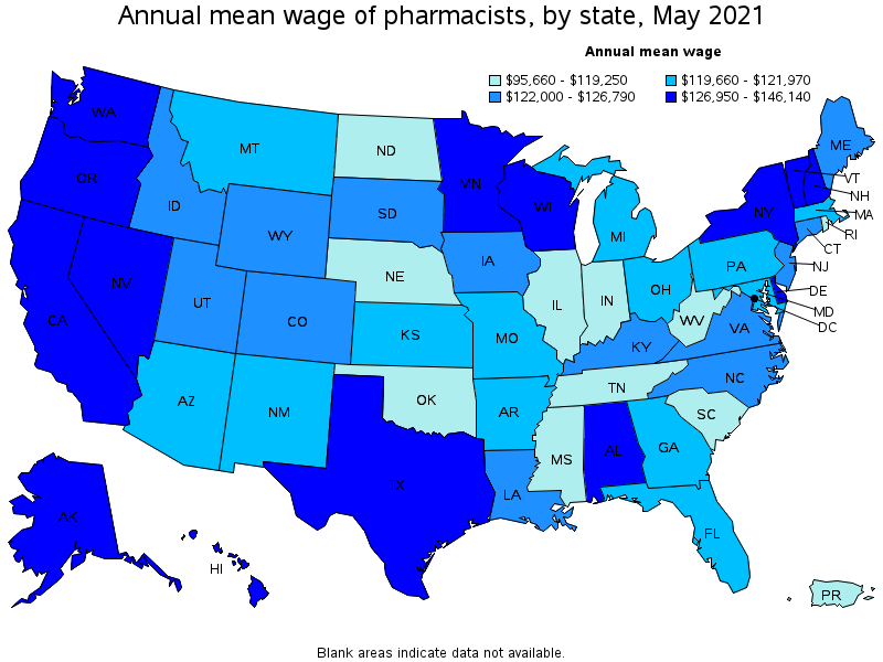 Map of annual mean wages of pharmacists by state, May 2021