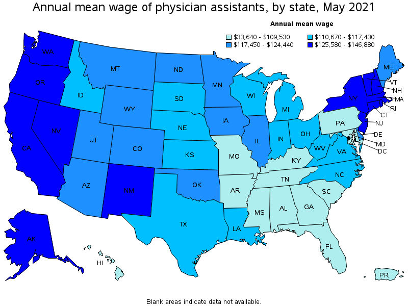 Map of annual mean wages of physician assistants by state, May 2021