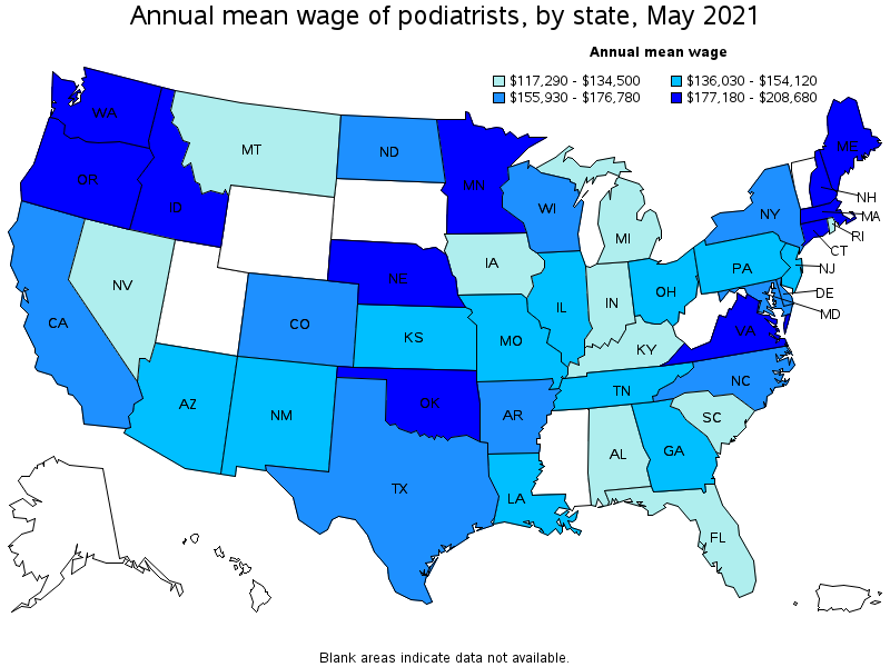 Map of annual mean wages of podiatrists by state, May 2021