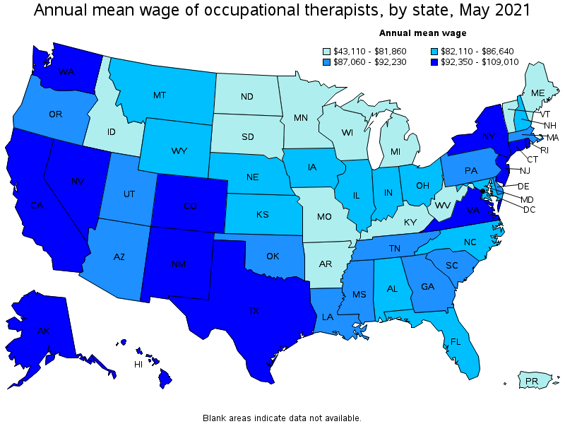 Map of annual mean wages of occupational therapists by state, May 2021