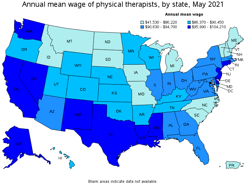 Map of annual mean wages of physical therapists by state, May 2021