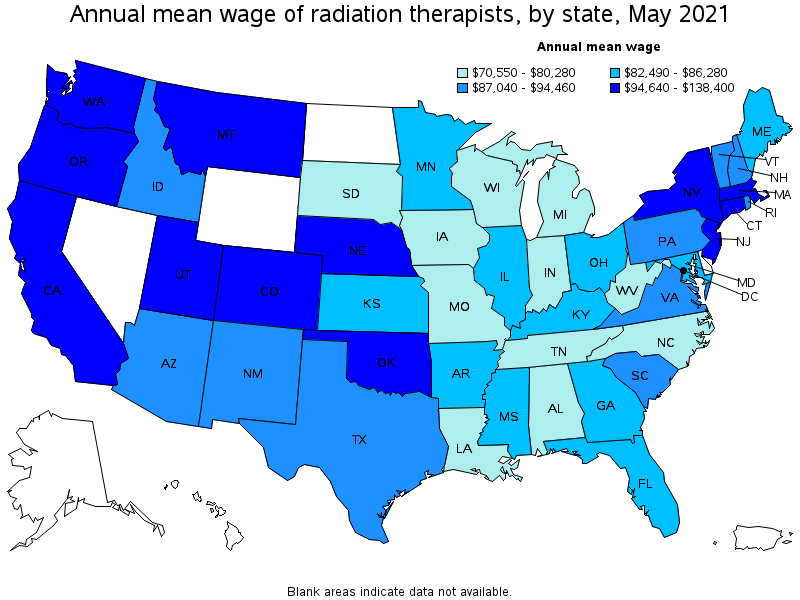 Map of annual mean wages of radiation therapists by state, May 2021