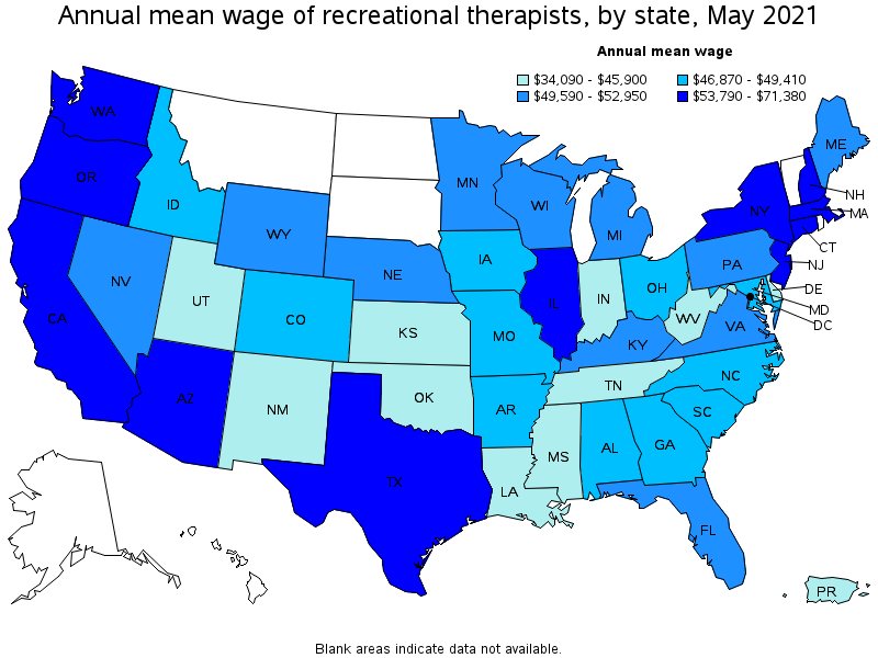 Map of annual mean wages of recreational therapists by state, May 2021
