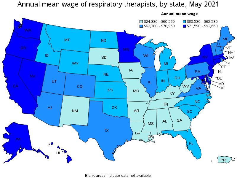 Map of annual mean wages of respiratory therapists by state, May 2021