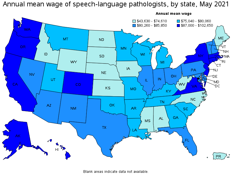 Map of annual mean wages of speech-language pathologists by state, May 2021