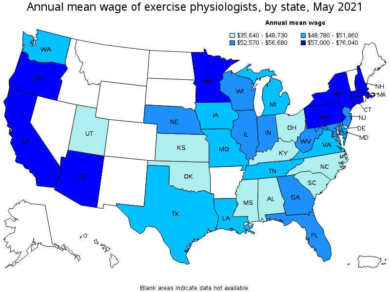 Map of annual mean wages of exercise physiologists by state, May 2021