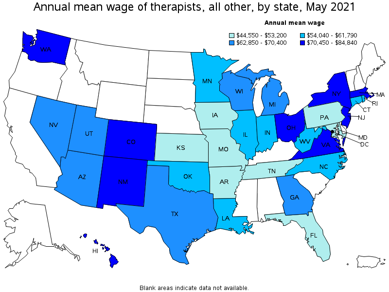 Map of annual mean wages of therapists, all other by state, May 2021