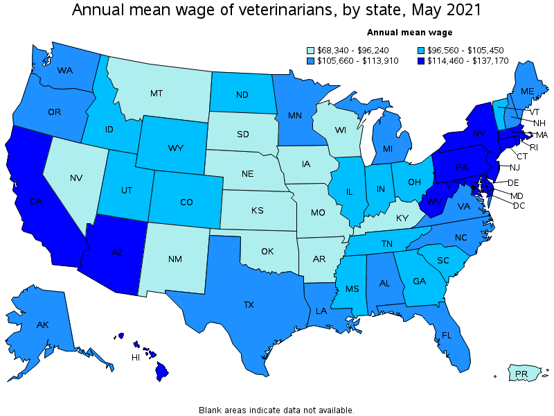 Map of annual mean wages of veterinarians by state, May 2021