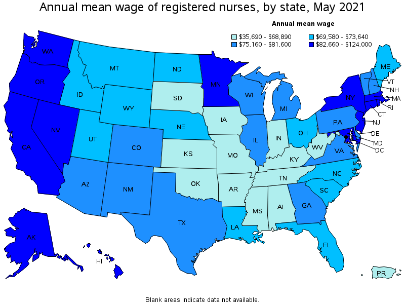 Map of annual mean wages of registered nurses by state, May 2021