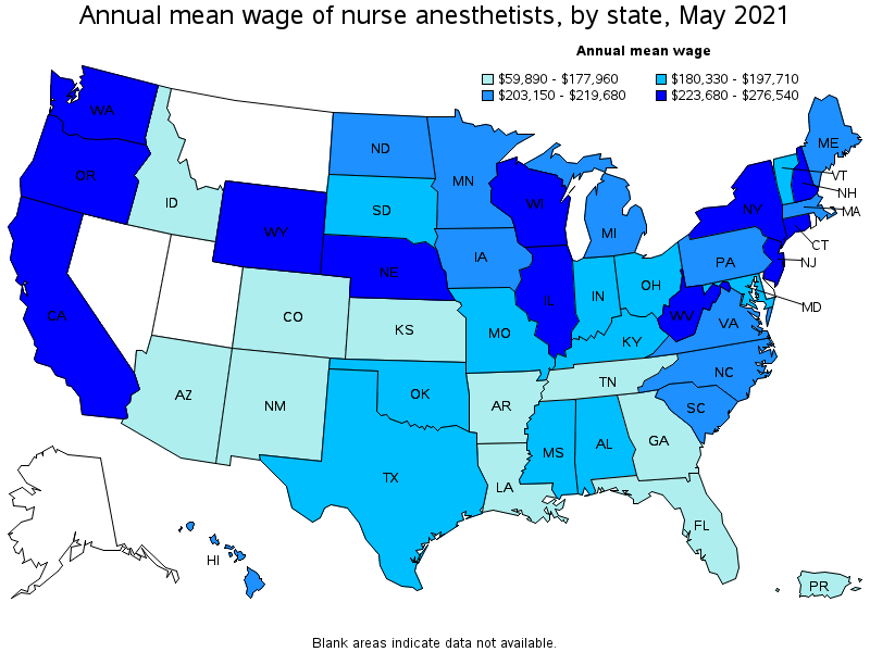 Map of annual mean wages of nurse anesthetists by state, May 2021