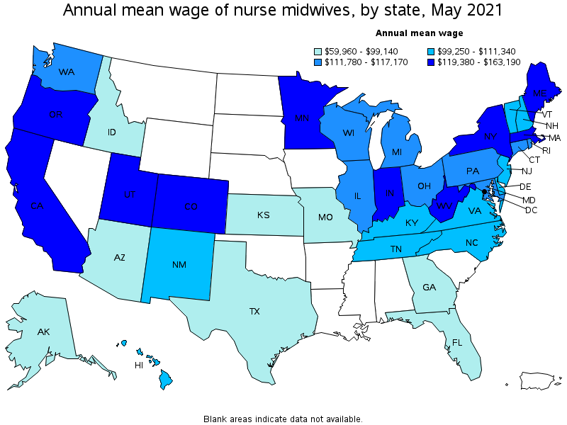 Map of annual mean wages of nurse midwives by state, May 2021