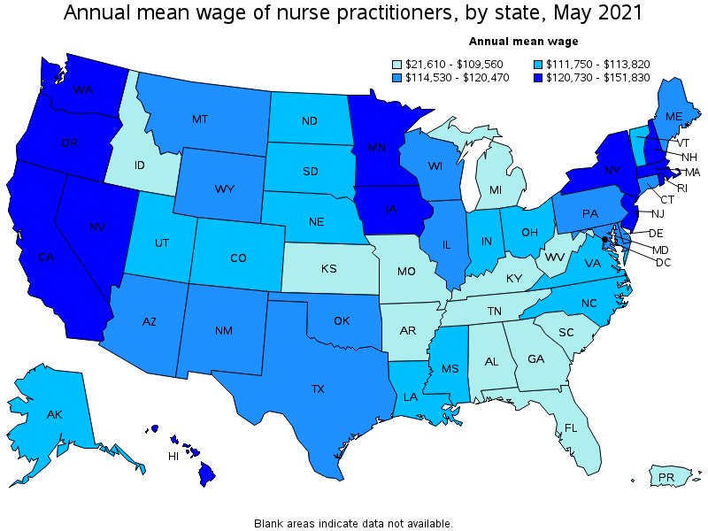 Map of annual mean wages of nurse practitioners by state, May 2021
