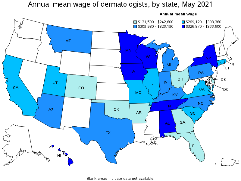 Map of annual mean wages of dermatologists by state, May 2021