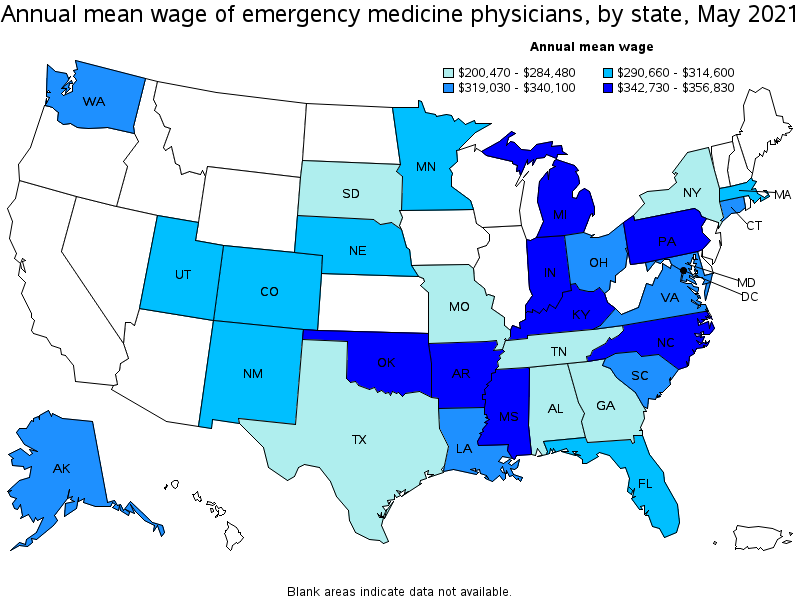 Map of annual mean wages of emergency medicine physicians by state, May 2021