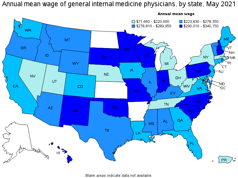 Map of annual mean wages of general internal medicine physicians by state, May 2021