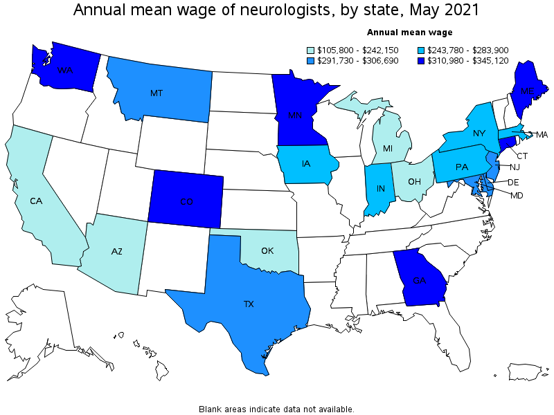 Map of annual mean wages of neurologists by state, May 2021