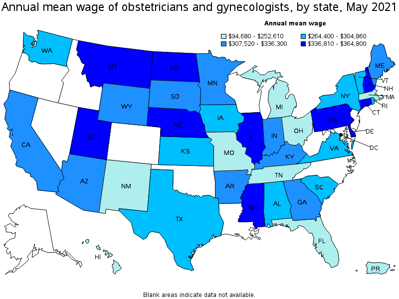 Map of annual mean wages of obstetricians and gynecologists by state, May 2021