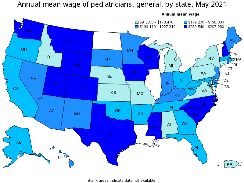Map Of Annual Mean Wages Of Pediatricians General By State May 2021