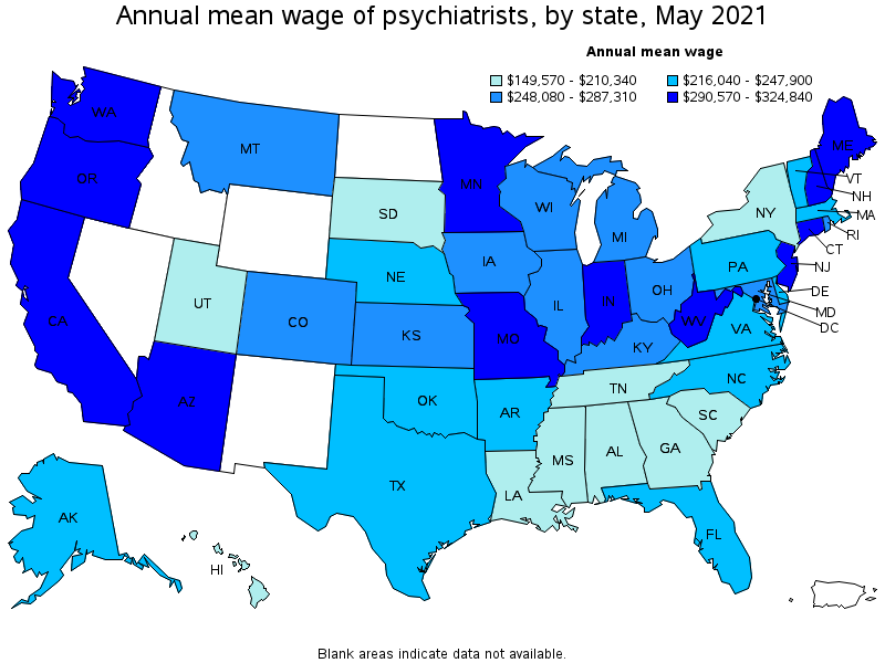 Map of annual mean wages of psychiatrists by state, May 2021