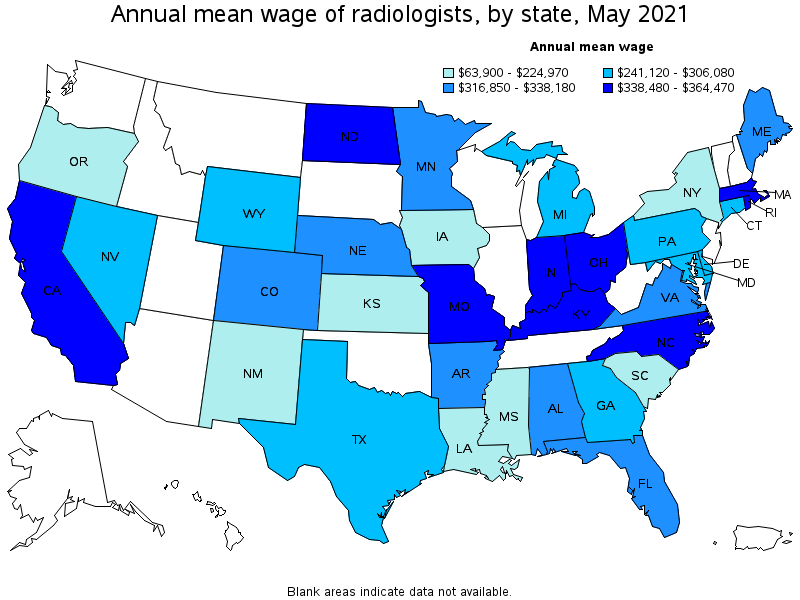 Map of annual mean wages of radiologists by state, May 2021