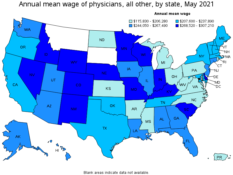 Map of annual mean wages of physicians, all other by state, May 2021