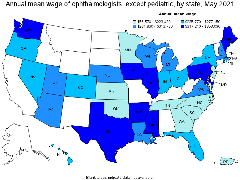 Map of annual mean wages of ophthalmologists, except pediatric by state, May 2021
