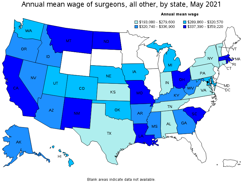 Map of annual mean wages of surgeons, all other by state, May 2021