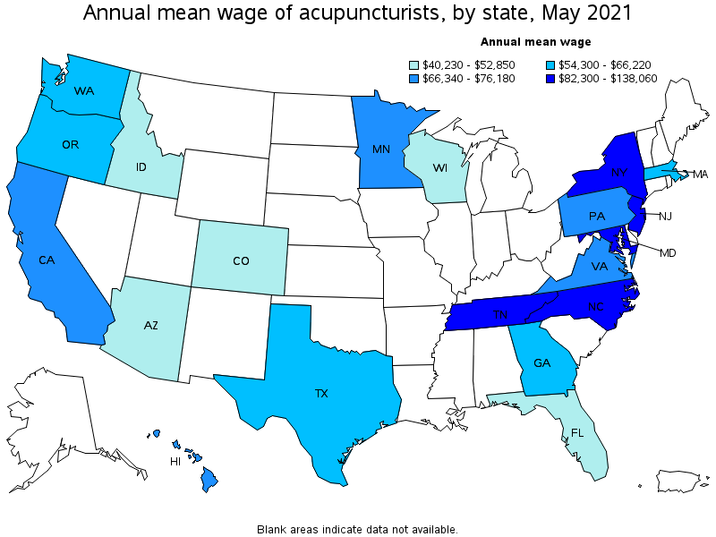 Map of annual mean wages of acupuncturists by state, May 2021