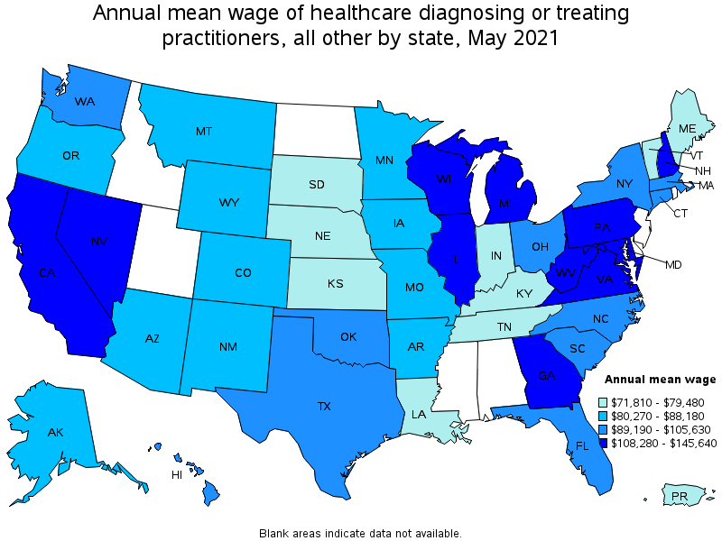 Map of annual mean wages of healthcare diagnosing or treating practitioners, all other by state, May 2021