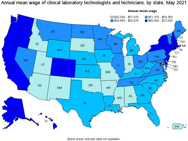 Map of annual mean wages of clinical laboratory technologists and technicians by state, May 2021