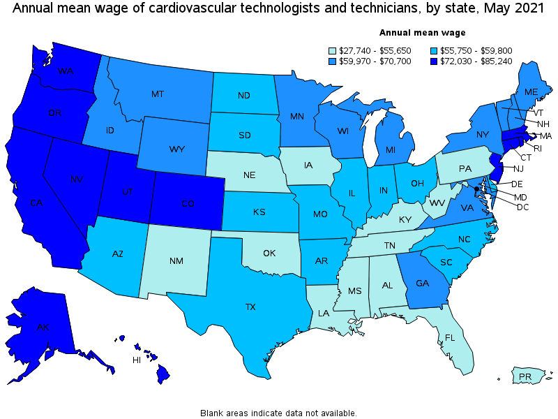 Map of annual mean wages of cardiovascular technologists and technicians by state, May 2021