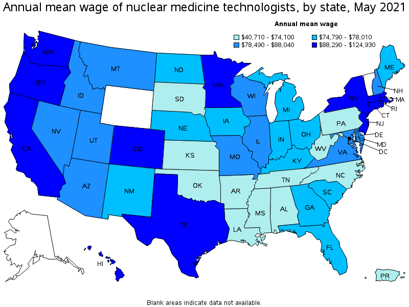 Map of annual mean wages of nuclear medicine technologists by state, May 2021