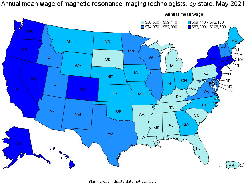 Map of annual mean wages of magnetic resonance imaging technologists by state, May 2021