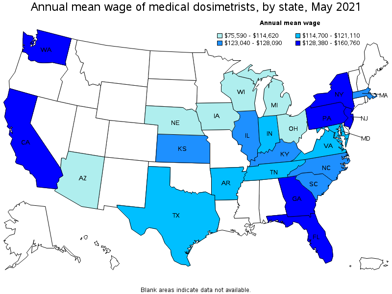 Map of annual mean wages of medical dosimetrists by state, May 2021