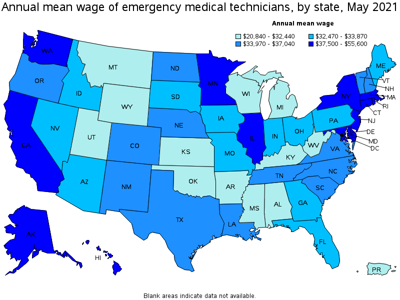 Map of annual mean wages of emergency medical technicians by state, May 2021