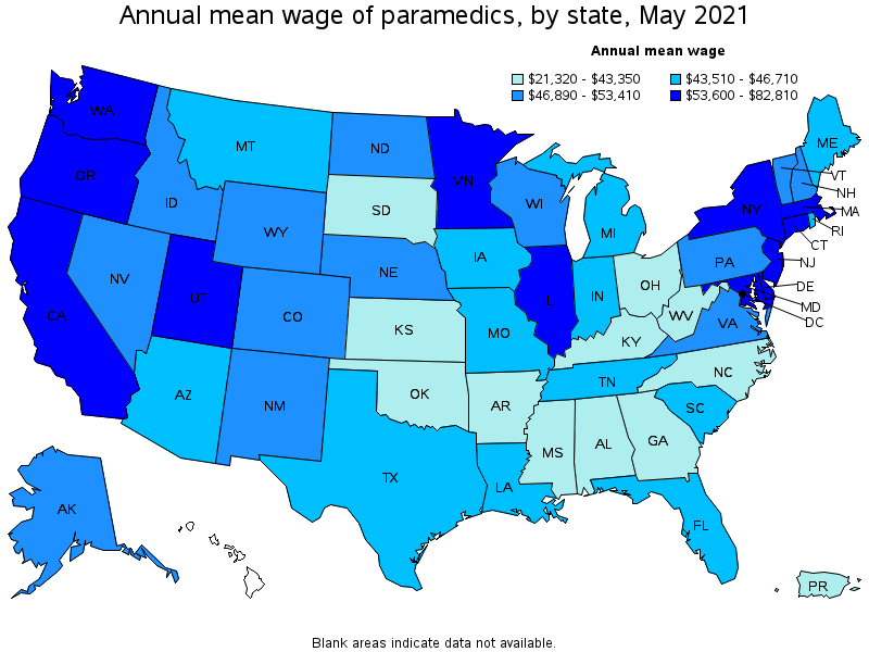 Map of annual mean wages of paramedics by state, May 2021