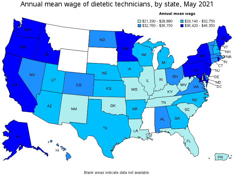 Map of annual mean wages of dietetic technicians by state, May 2021