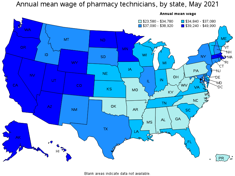 Map of annual mean wages of pharmacy technicians by state, May 2021