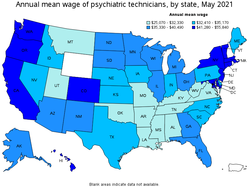 Map of annual mean wages of psychiatric technicians by state, May 2021
